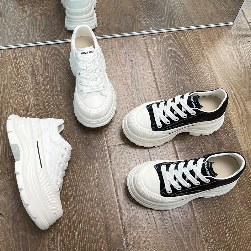 时髦风纯色前系带粘胶单鞋百搭厚底板鞋小白鞋鞋子女款款红色鞋子