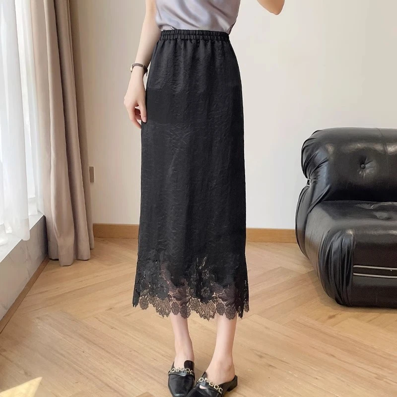 垂感半身裙女2025新款夏季中长款a字裙醋酸缎面拼接温柔月光裙子