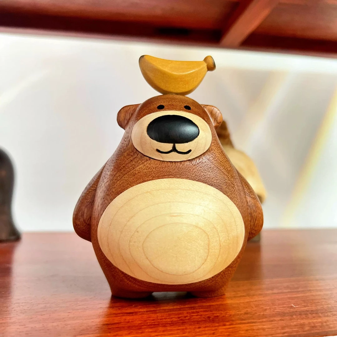 香蕉熊创意小熊木雕摆件可爱创意装饰品家居客厅桌面实木木质礼物
