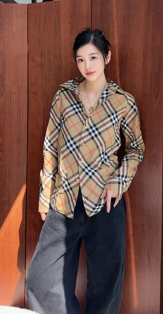 未使用 BURBERRY/博柏利 衬衫 SS25 格纹印花单排扣休闲长袖 沙色