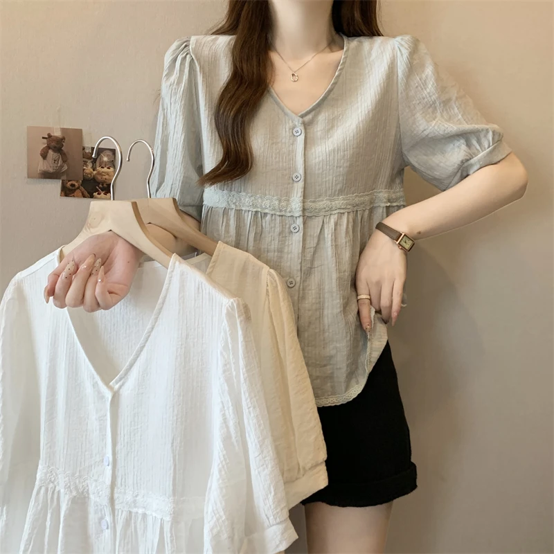 气质款衬衣新款禅意泡泡袖上衣V领女装禅意气质款女装打底衬衫