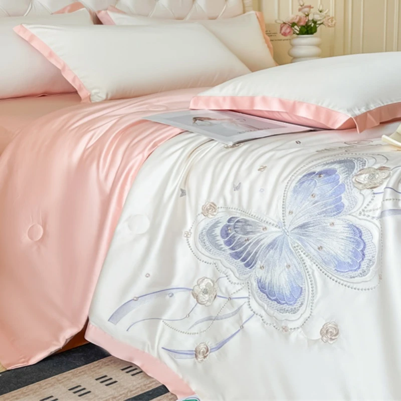 公主风蝴蝶刺绣夏被可机洗水洗冰丝夏被四件套学生宿舍夏被三件套