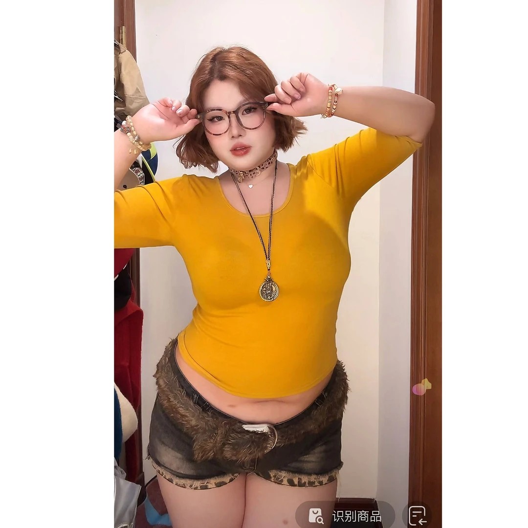 胡二家大码【韩版面膜T】胖MM海妖风修身显身材圆领中袖短袖T恤上衣