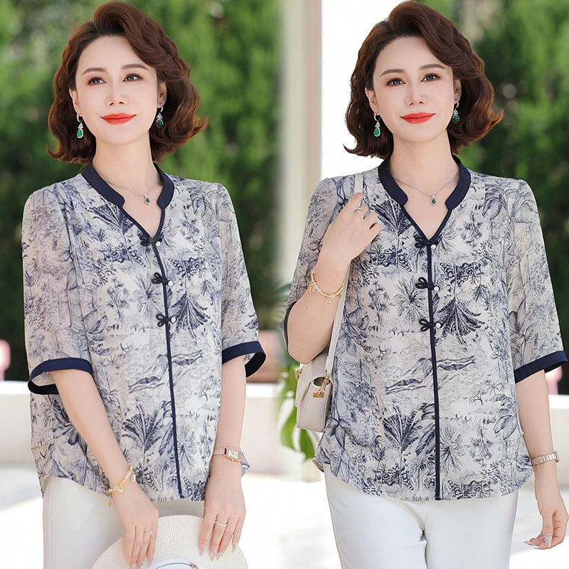 中国风雪纺小衫女装妈妈装小衫纽扣衬衣夏装中老年中老年女装