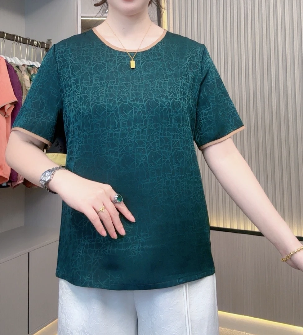 龟裂纹夏季高端短袖时尚洋气遮肚显瘦百搭气质纯色简约圆领上衣
