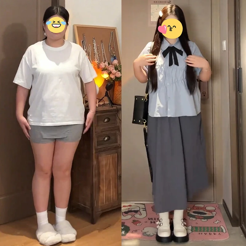 大码胖mm夏季新款2025学生韩版时尚法式短袖衬衫上衣连衣裙两件套