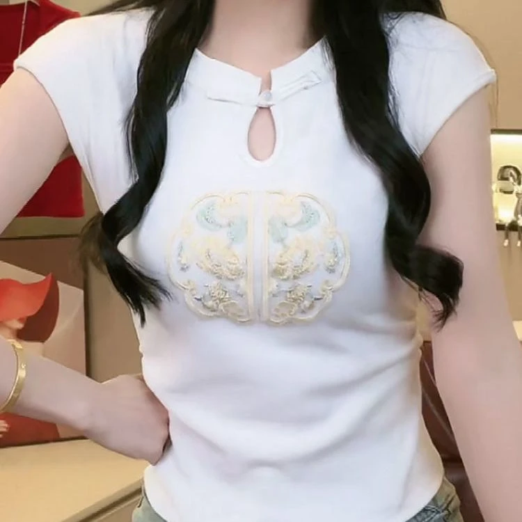 大码新中式国风刺绣短袖t恤女夏季新款紧身小衫收腰显瘦短款上衣