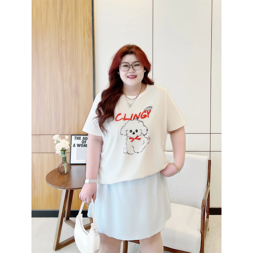 大码女装夏季花契200斤胖mm简约冰瓷棉卡通印花圆领正肩T恤15224