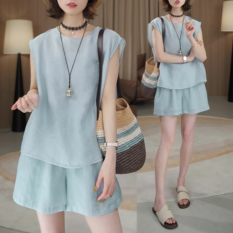 2025夏季新款圆领纯色小飞袖上衣搭短裤显瘦两件套装女洋气两件套