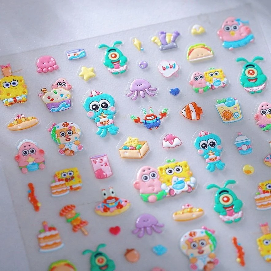 萌趣卡通Q版海绵宝宝浮雕美甲贴纸可爱防水学生指甲手账装饰贴纸