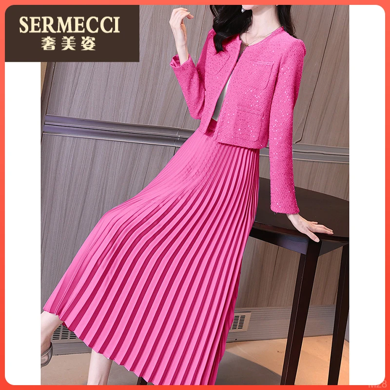 减龄玫红色短外套奢美姿2025年春秋甜美名媛风百褶半裙两件套装