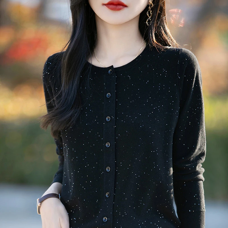 【精纺羊毛衫】璀璨星空圆领开衫外套春季新款针织衫宽松气质显瘦P