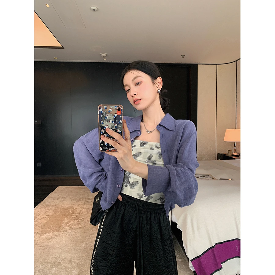 张贝贝双色雾绒感 JI简短款衬衫 不规则颗粒皱