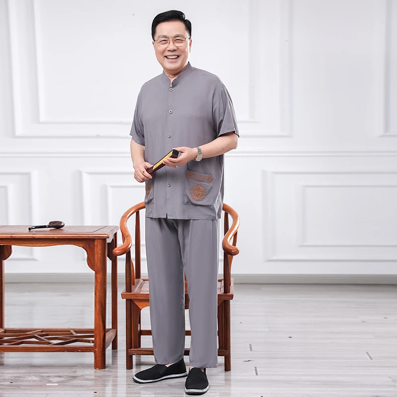 棉绸套装夏天男装短袖家居服睡衣两件套中老年网红开衫休闲民族风