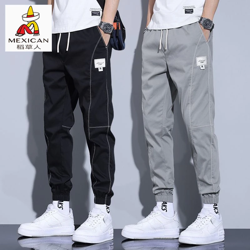 稻草人夏季薄款休闲裤男士宽松工装束脚男裤松紧腰抽绳运动长裤子