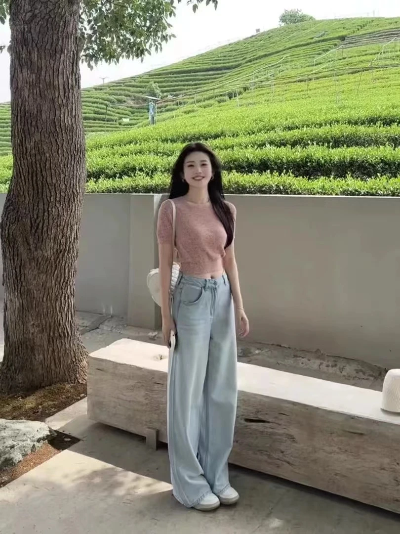 浅色系简约直筒拖地裤（77382）