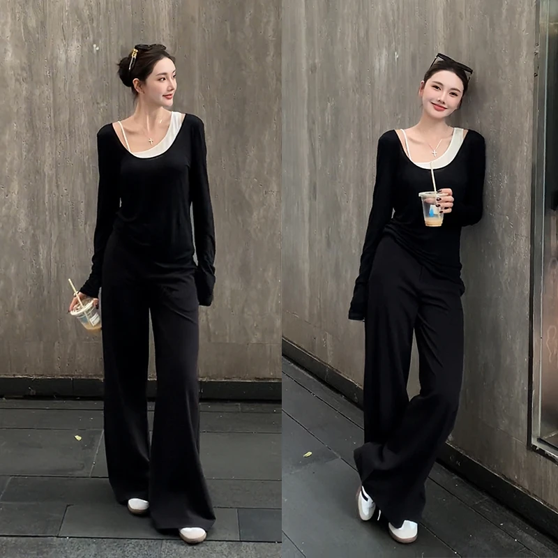早秋穿搭一整套韩系高级感时尚长袖上衣内搭吊带高腰阔腿裤三件套