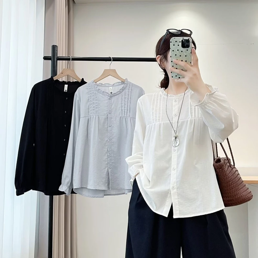 大码胖mm设计木耳边2025百搭新款宽松休闲衬衫褶皱长袖衬衣MM上衣