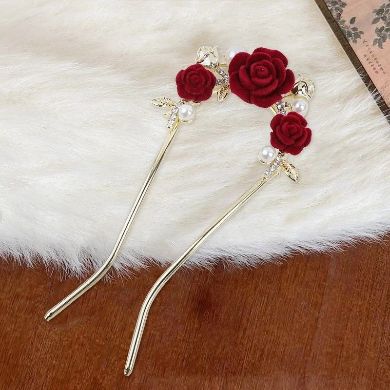 新中式红色玫瑰U型发簪优雅气质古风旗袍新娘敬酒服发饰发簪子