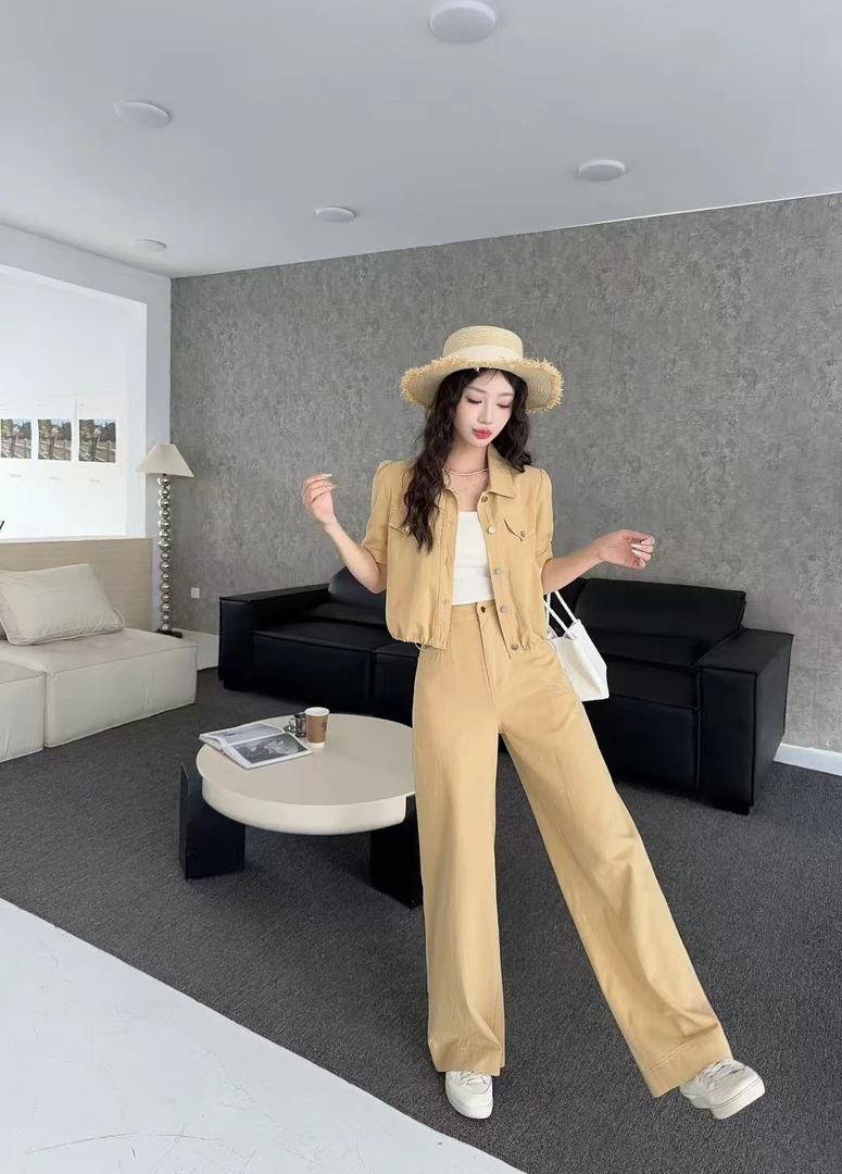 1805糖果色时尚洋气短袖套装女气质网红休闲百搭复古韩版