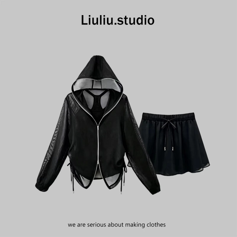LiuLiu定制【暗夜黑雾】设计感巫师帽外套+背心+时尚短裙套装
