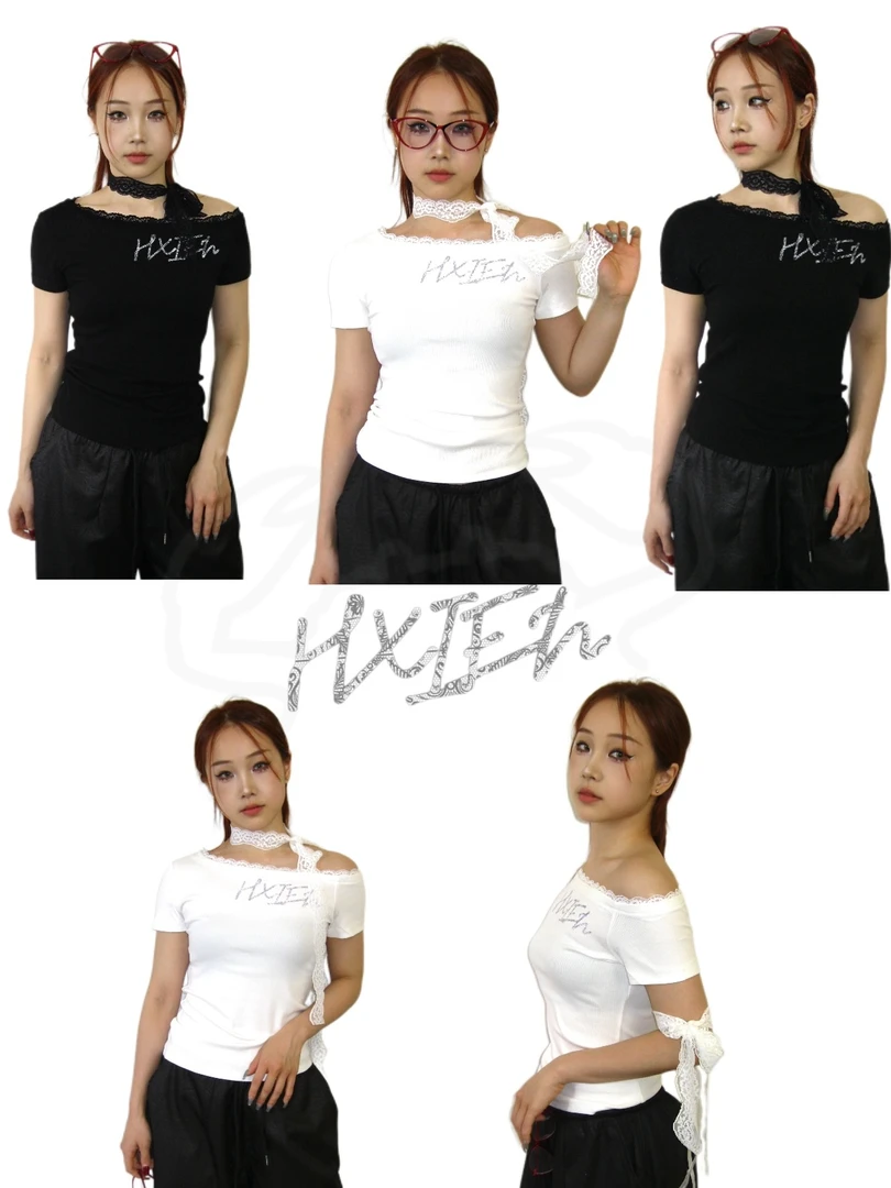 HXIEN美式蕾丝斜肩短袖脖带复古辣妹拼接露肩T恤修身显瘦上衣