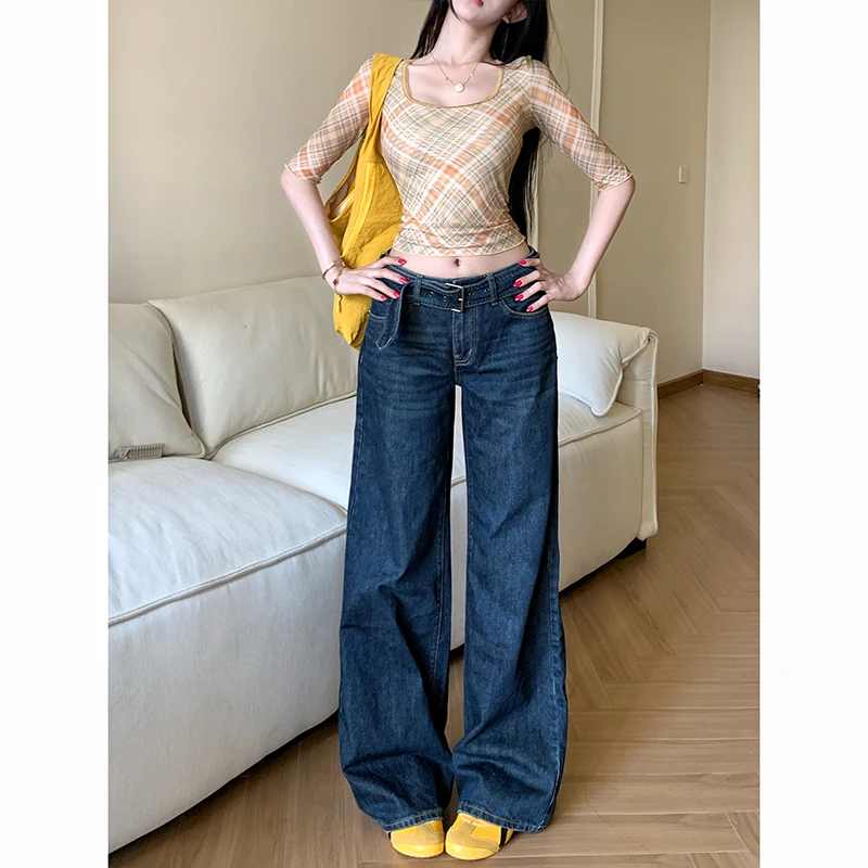 中低腰深蓝腰带阔腿牛仔裤女2025秋季新款宽松显瘦长腿复古拖地裤