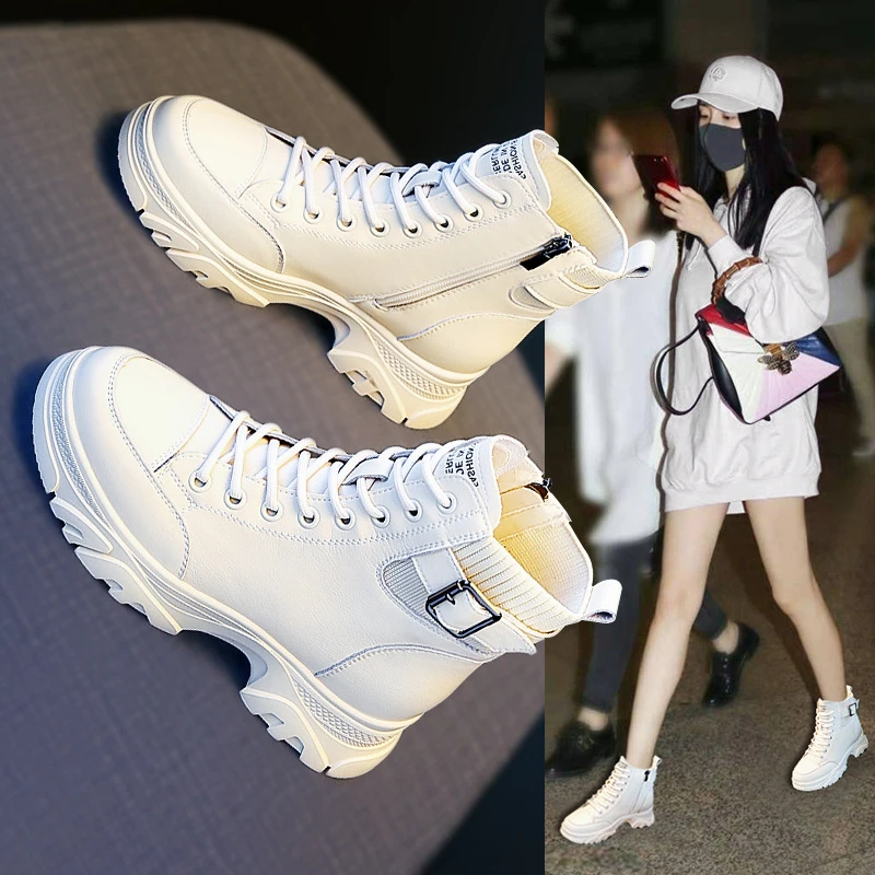 5.2CM网红高跟秋季秋冬女马丁靴白色英伦风加绒厚底时尚短靴子女.