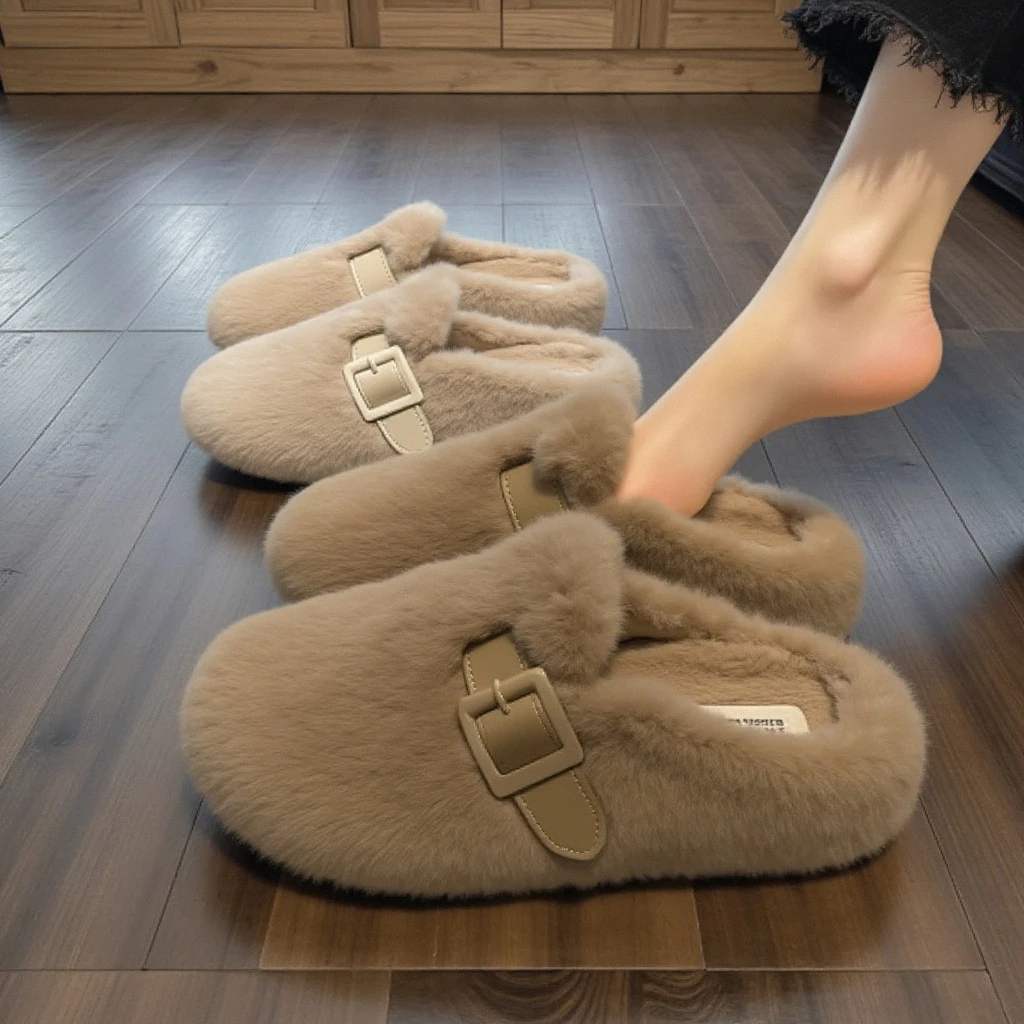 时尚百搭毛毛拖鞋女外穿2025新款法式网红爆款皮带扣一脚蹬棉拖