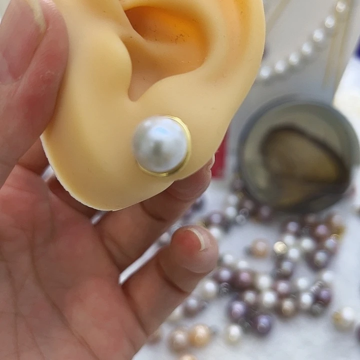 合金白珠金色圆包耳钉淡水珍珠