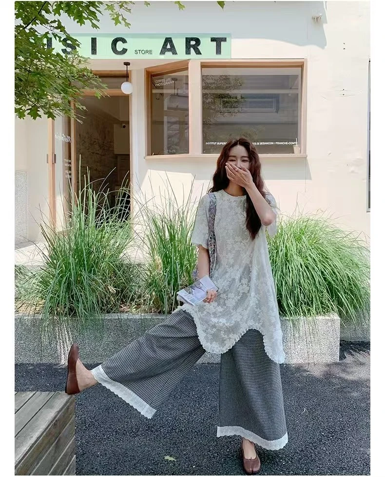 @8137【山茶梨香】很软 水溶蕾丝 两件套！新款蕾丝罩衫+格子阔腿裤