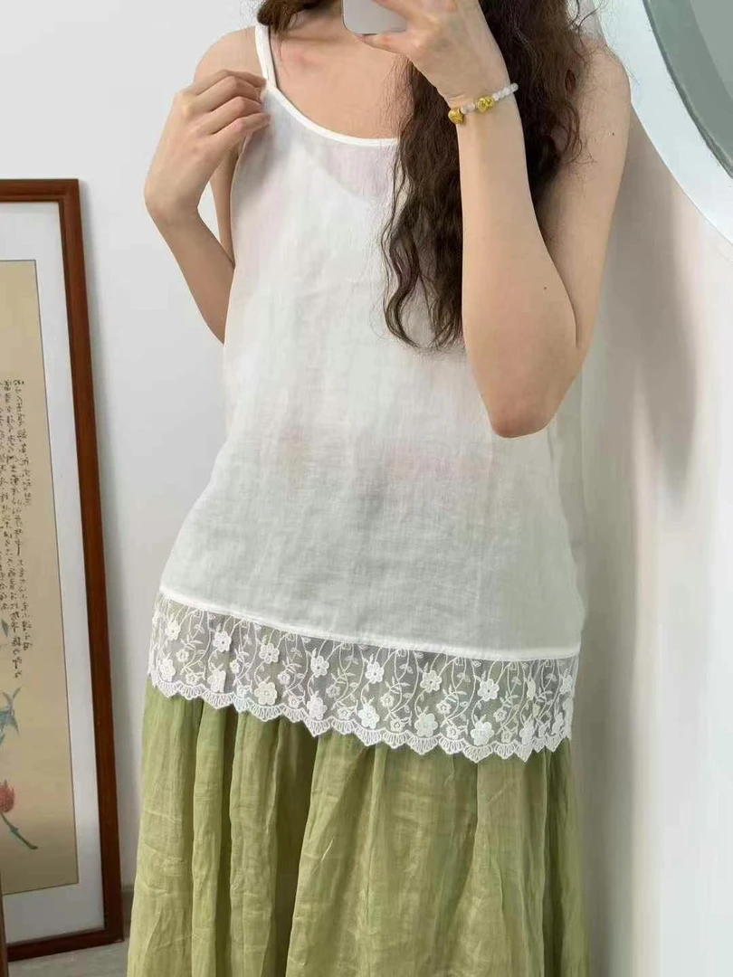 古韵2025新款苎麻吊带背心女夏季新款内搭蕾丝拼接在穿上衣文艺