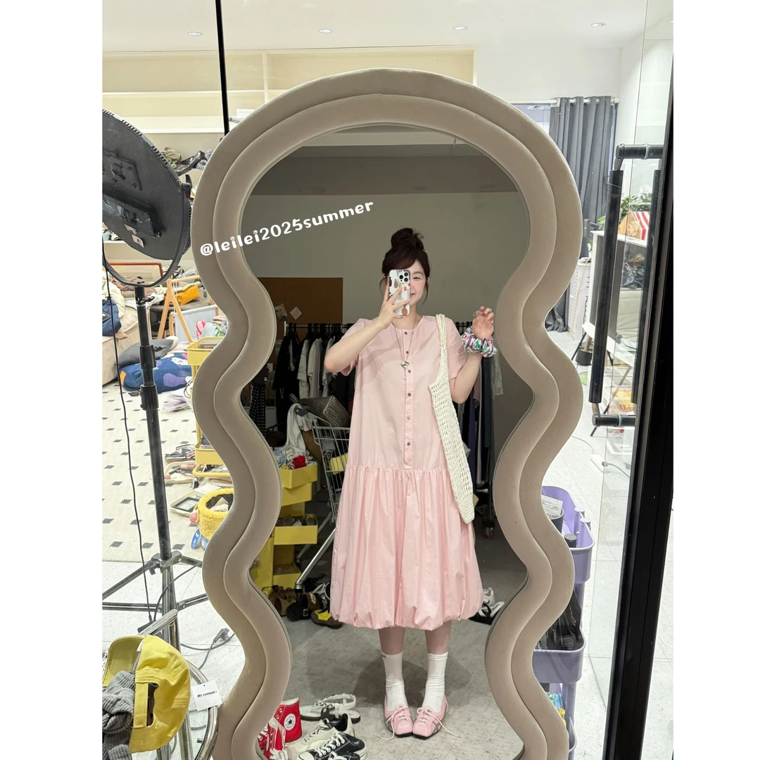 晶咕【甜心白茶】下摆花苞圆领单排扣短袖连衣裙休闲夏季