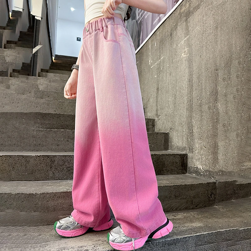 女童春季粉色渐变牛仔裤2025新款儿童阔腿裤女大童初中生直筒裤子