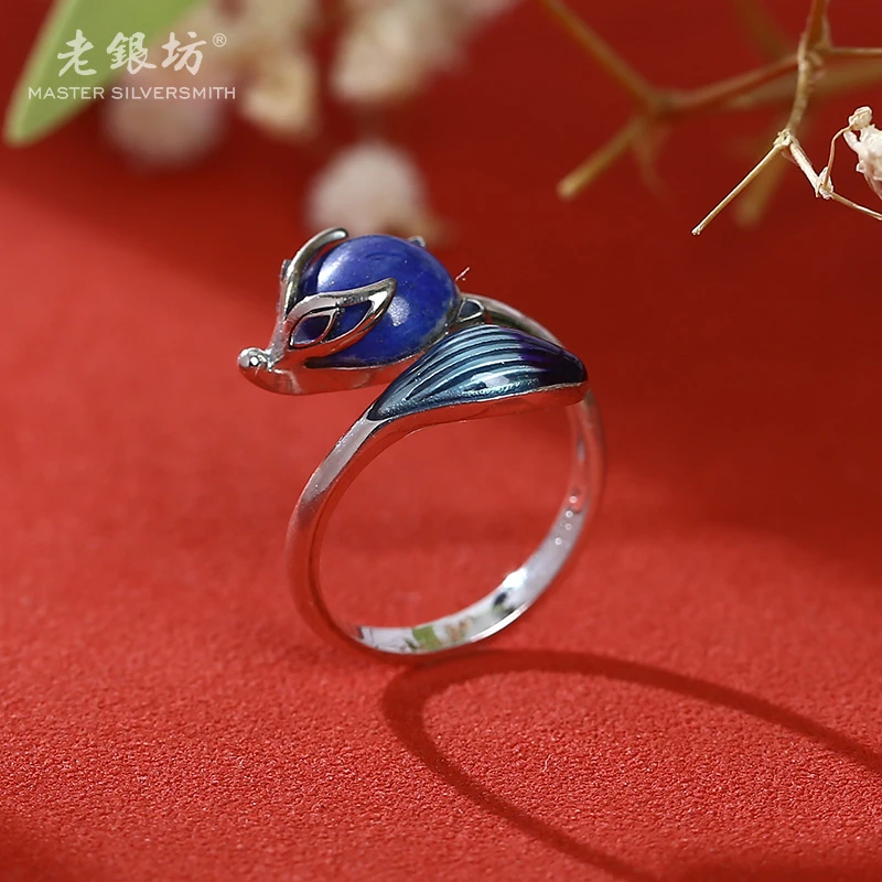 【老银坊】s925银狐狸蓝尾单戒（青金）00311234