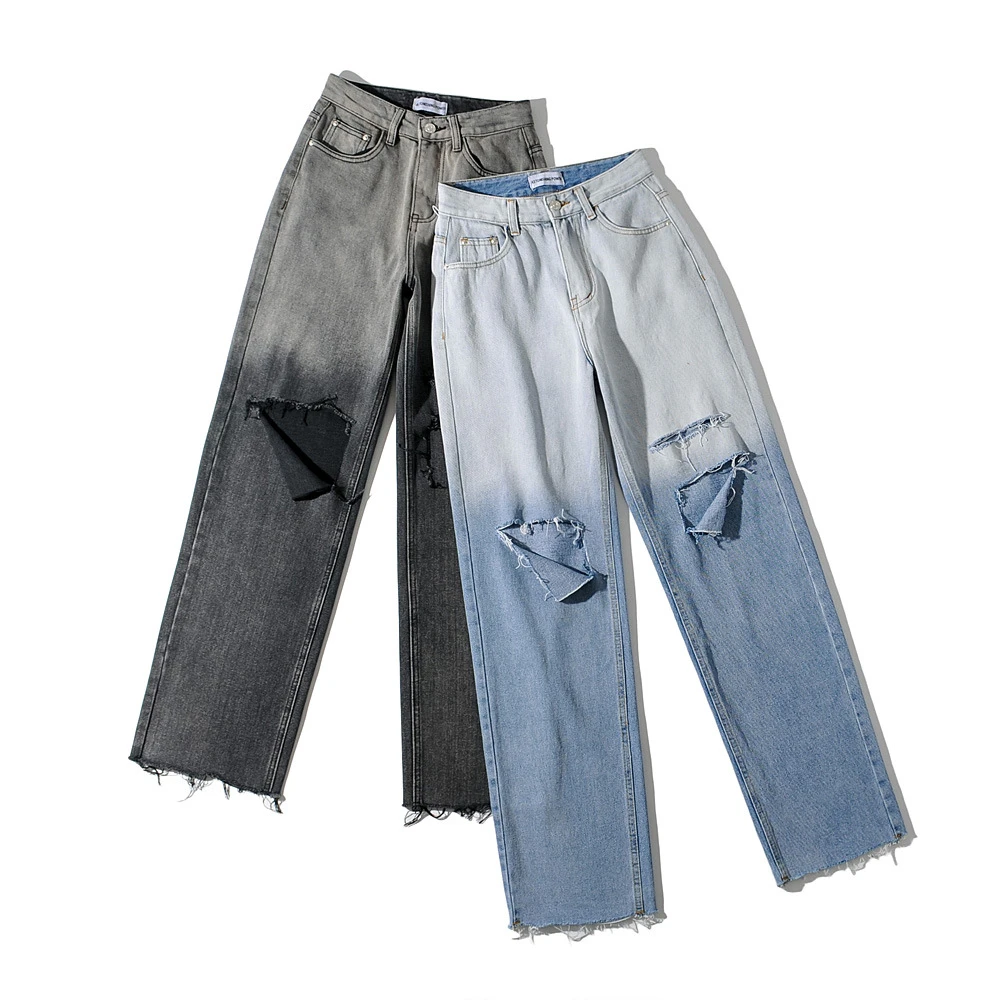 磨毛美式复古欧美破洞渐变直筒牛仔裤女高腰宽松垂感阔腿裤乞丐拖