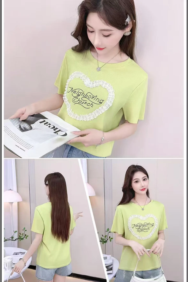 A34#蕾丝爱心短袖T恤上衣女显瘦气质时尚设计感洋气小众夏季