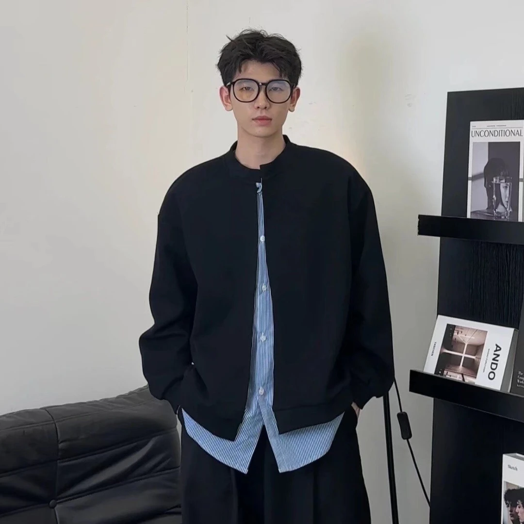 美式条纹假两件开衫卫衣男款秋季cleanfit外套潮牌高级感黑色上衣