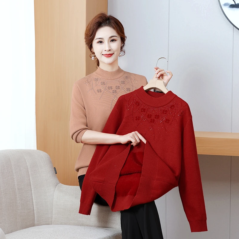 胖妈妈秋冬半高领保暖加厚加绒毛衣打底中老年女装加肥加大210斤