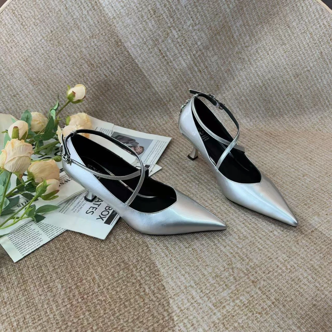 范戈希牛皮跟6极简风尖头单鞋脚背交叉带法式ol高跟女鞋买1赠3