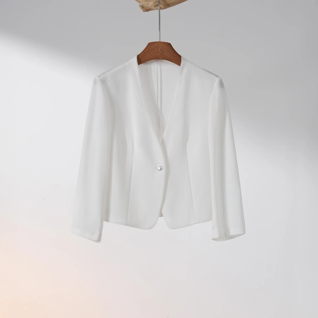 西子/【极简白调】极简轻奢重磅醋酸V领长袖西装白色外套/WTTJ229