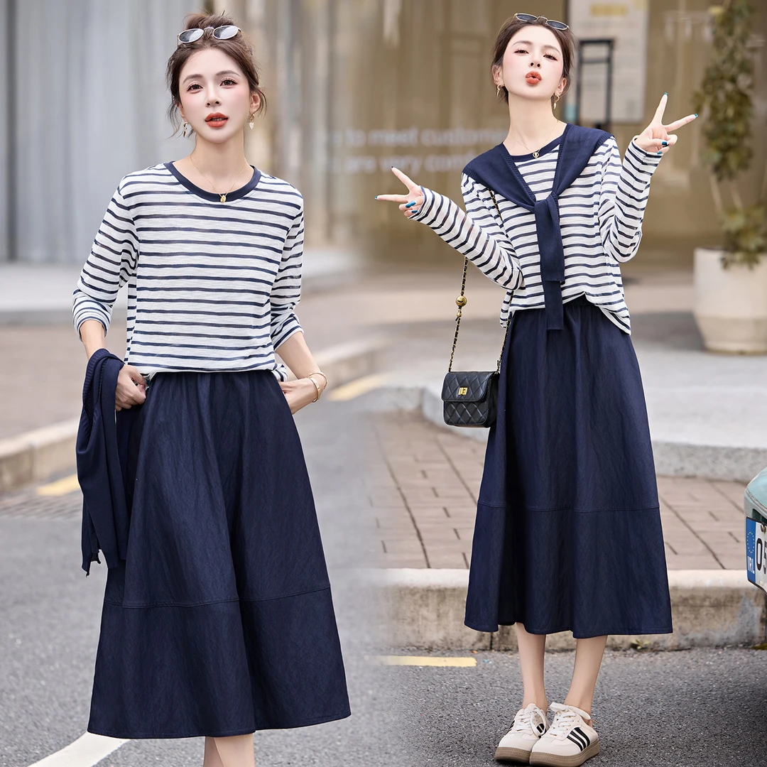 条纹长袖T恤披肩套装裙女2025早秋新款韩系休闲减龄半身裙三件套