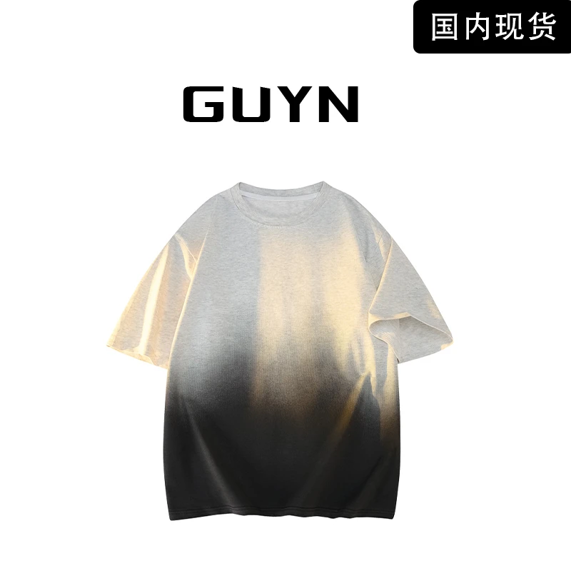 【品牌现货】GUYN夏季新款时尚百搭渐变圆领宽松休闲短袖T恤上衣男