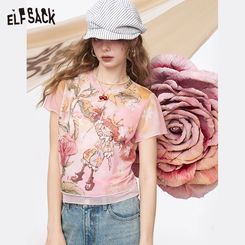 妖精的口袋印花网纱短袖t恤女2025年夏季新款设计感修身小众上衣