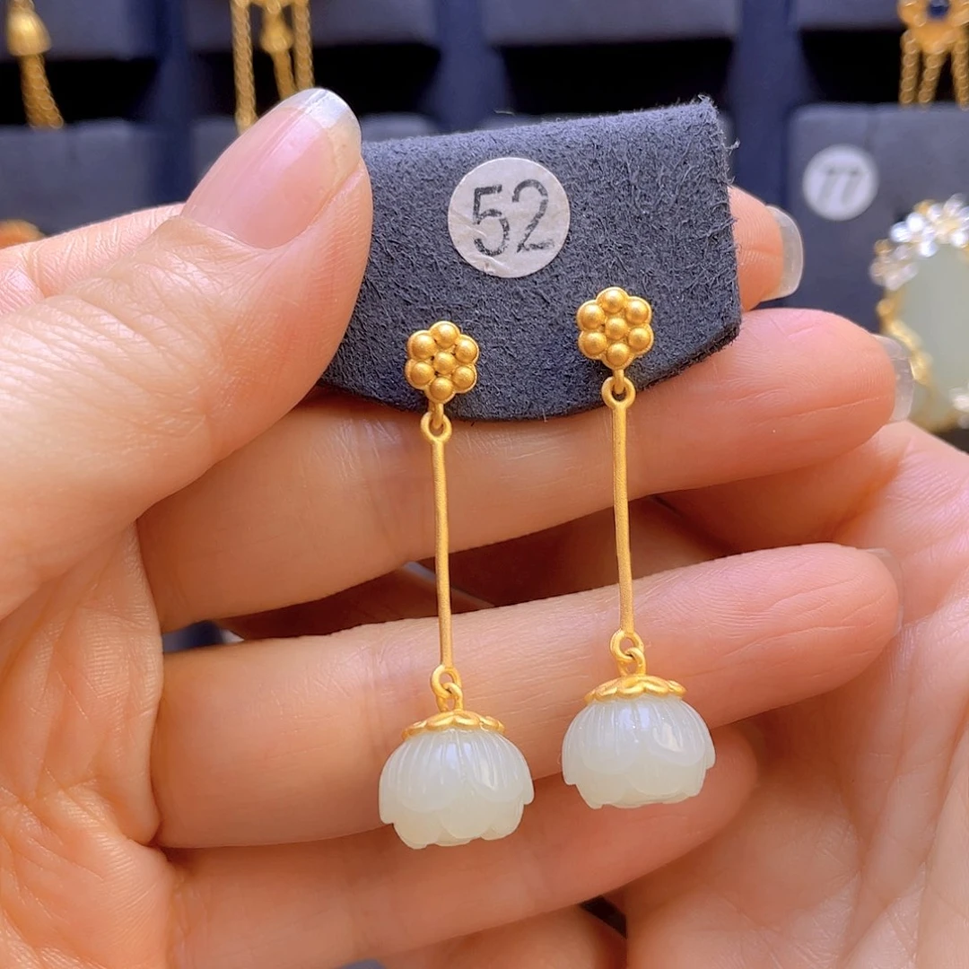 和田玉耳饰银S925镀金镶嵌