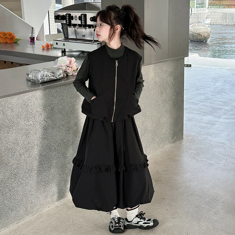 女童秋装套装2025新款女孩洋气美拉德马甲儿童春秋花苞裙子三件套