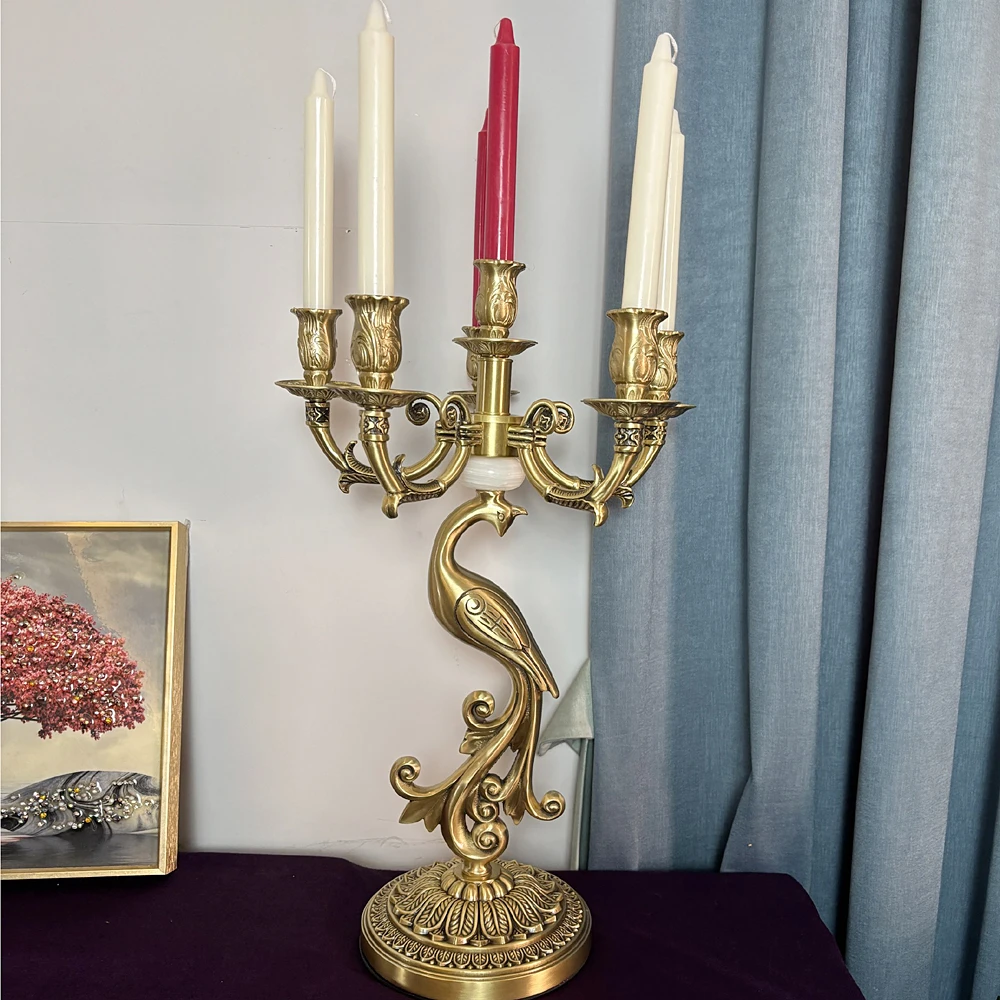一体黄铜经典凤凰烛台全铜蜡烛台摆件