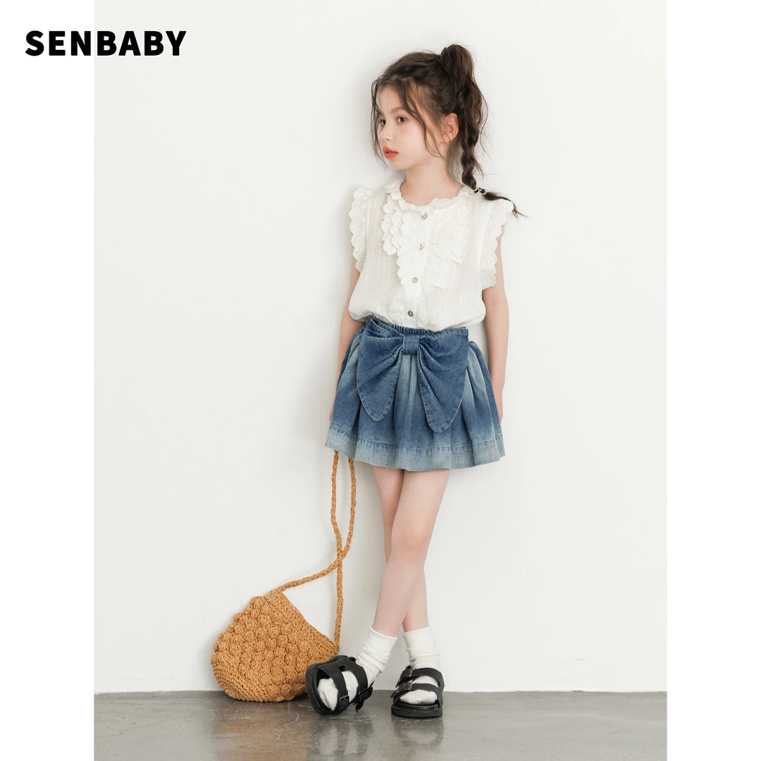 【现货】senbaby女童花边无袖上衣可爱提花娃娃衫蝴蝶结裙裤防走光