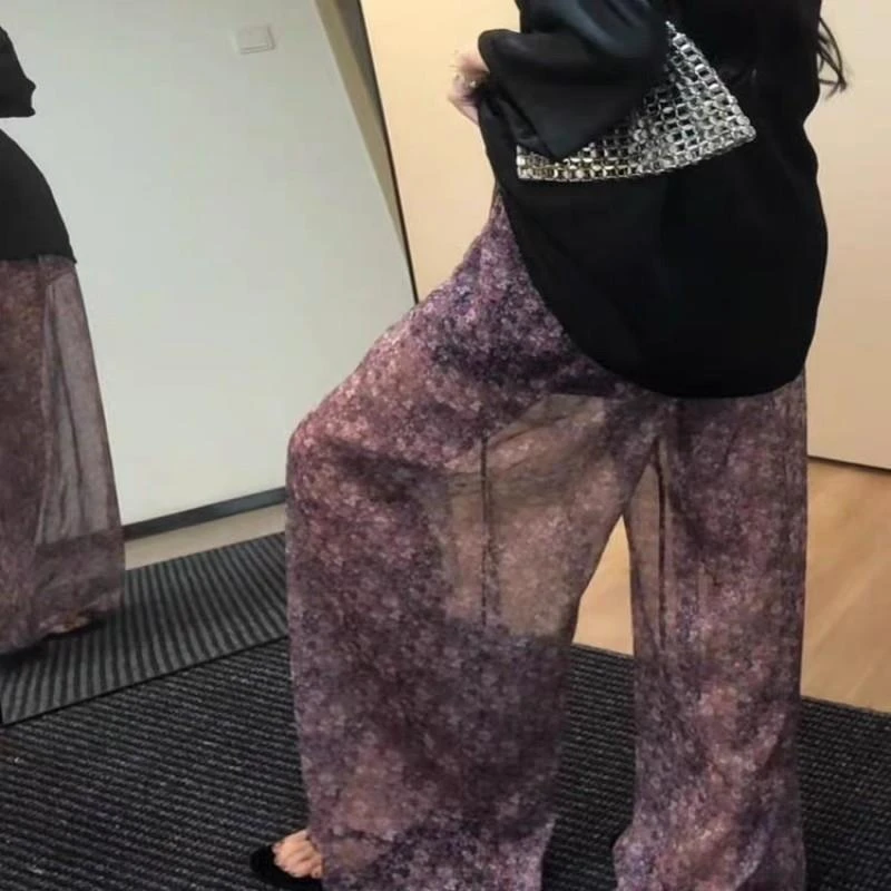 非常难遇的版型！紫色碎花微透阔腿裤夏季高级感舒适显瘦印花长裤