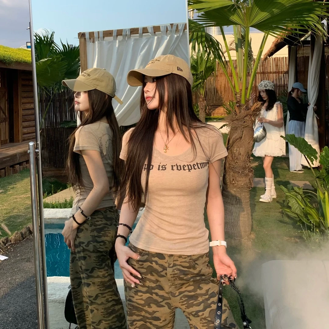 3MER 美式复古U领纯欲微透短袖T恤女夏显瘦辣妹正肩上衣